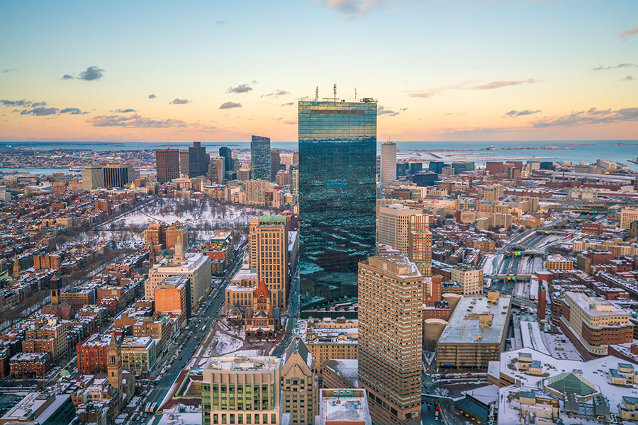 Aerial view of Boston in Massachusetts, USA at night in winter